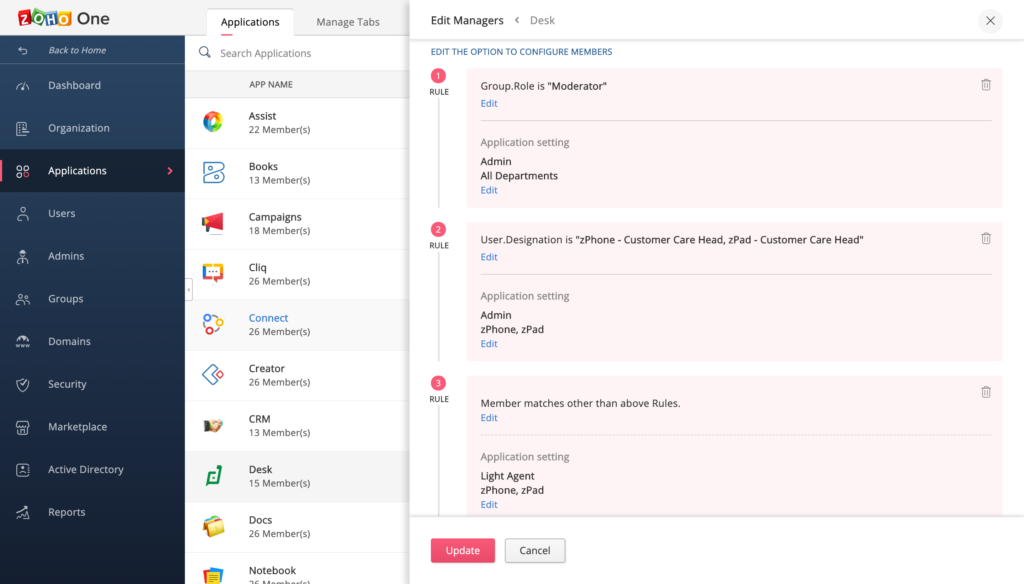 La nuova generazione di Zoho One fornisce una migliore assegnazione condizionale per gli amministratori.