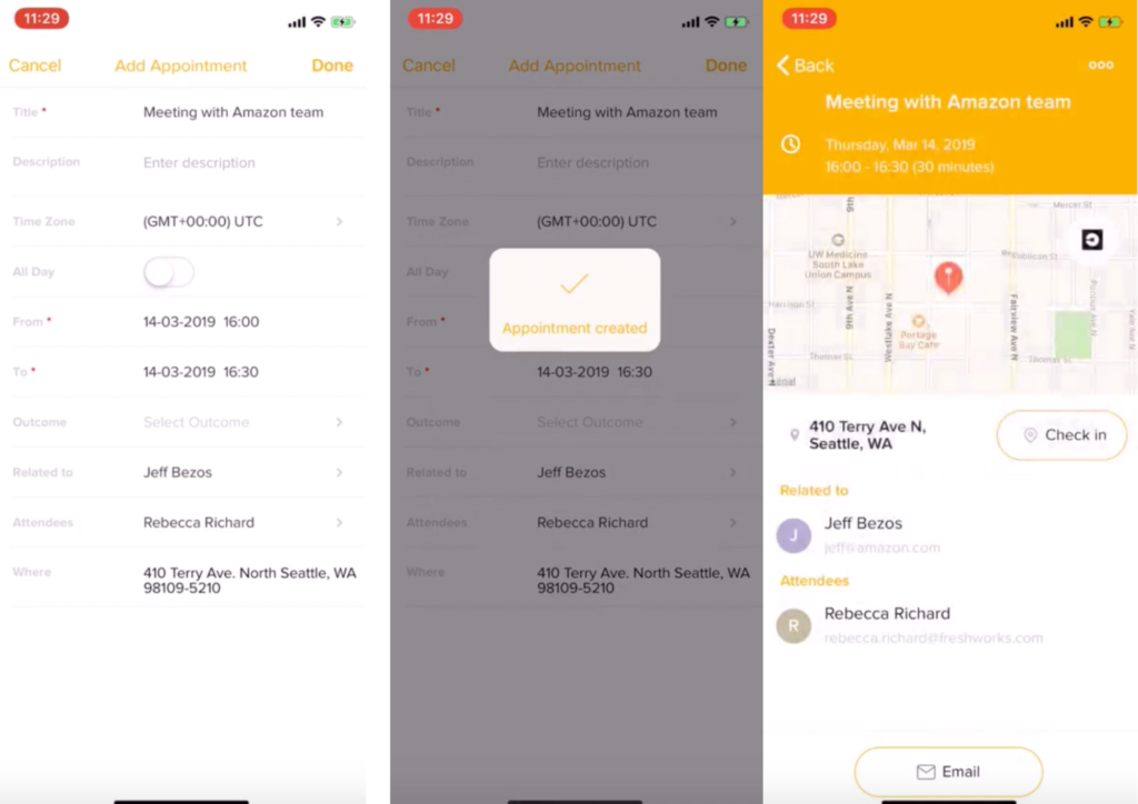 Fissa un appuntamento sulla app Freshsales e ricevi un promemoria. Registra le tue attività con un semplice clic!