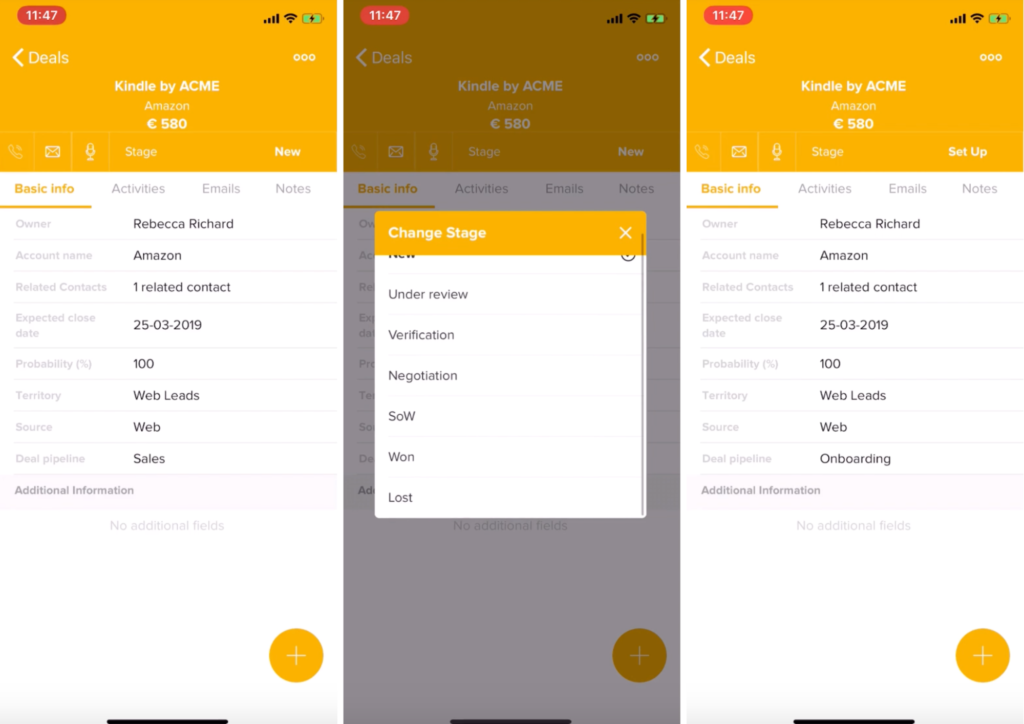 Cambia lo status del tuo lead su Freshsales mobile, e automatizza il flusso di lavoro futuro